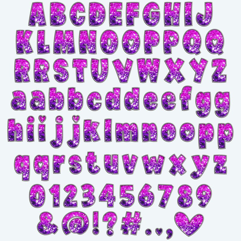 May include: Purple and pink glitter alphabet letters, numbers, and symbols. The letters are uppercase and lowercase. The numbers are 0-9. The symbols are ampersand, at sign, exclamation point, question mark, number sign, period, comma, and a heart.