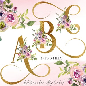 Alfabeto de flores em aquarela PNG, clipart de alfabeto floral rosa dourado, PNG transparente, alfabeto botânico maiúsculo, sublimação 2WB