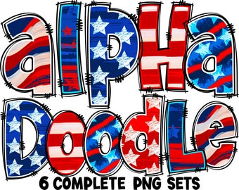 BUNDLE Patriotic Alphabet PNG, Doodle Alpha, 4th of July, Independence Day, Alpha Doodle, PNG Letters, Doodle, Sublimation, Alpha Pack 14AP