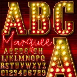 May include: A vintage-style marquee sign with light bulbs, featuring the letters A, B, and C. The sign also includes the word "Marquee" in red neon lettering. Below the sign is a full alphabet and numbers in the same style.