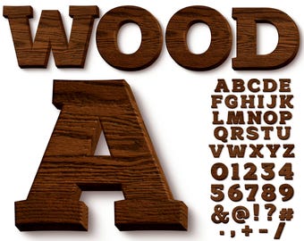 May include: A wooden alphabet font with uppercase letters, numbers, and symbols. The letters are brown and have a wood grain texture. The word "WOOD" is displayed at the top of the image.