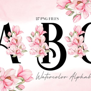 Watercolor Flowers Alphabet PNG, Soft Pink Floral Alphabet Clip Art, Transparent PNG, Black Uppercase Letters, Botanical Alphabet 34W