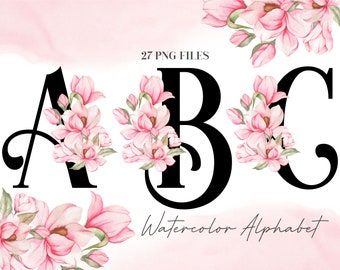 Watercolor Flowers Alphabet PNG, Soft Pink Floral Alphabet Clip Art, Transparent PNG, Black Uppercase Letters, Botanical Alphabet 34W