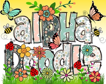 BUNDLE Spring Floral Alphabet PNG, Doodle Alpha, Doodle Flowers, Doodle Letters PNG, Spring Letters, Clipart, Sublimation, Alpha Pack 3AP
