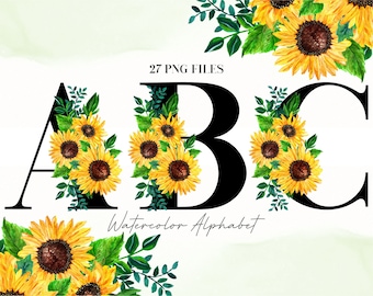 Watercolor Flowers Alphabet PNG, Black  Yellow Floral, Transparent PNG, Sunflower Uppercase Letters, Botanical Uppercase Alphabet 19W