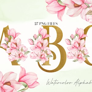 Watercolor Flowers Alphabet PNG, Gold Soft Pink Floral Alphabet Clip Art, Transparent PNG, Uppercase Letters, Pink Tulips 15WB