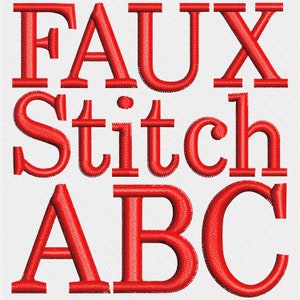 May include: Red faux stitch font alphabet letters, including the letters F, A, U, X, S, T, I, C, H, A, B, and C.
