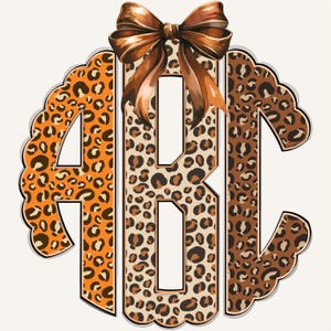 May include: A decorative monogram featuring the letters "ABC" in a leopard print design. The letters are outlined with a scalloped edge and topped with a brown bow. The leopard print has shades of orange, tan, and brown.