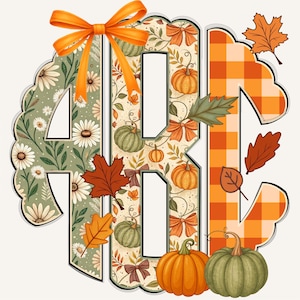 May include: A decorative monogram featuring the letters "ABC" in a fall theme. The "A" is green with white daisies, the "B" has pumpkins and bows, and the "C" is orange plaid. Includes orange bow, pumpkins, and fall leaves.