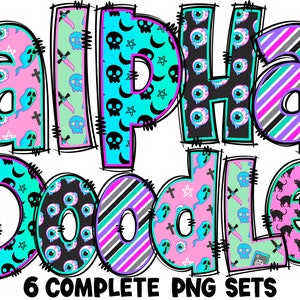 BUNDLE Halloween Alphabet PNG, Halloween Day, Alpha Doodle, PNG Letters, Halloween Doodle, Turquoise, Pink, Purple, Alpha Pack 20AP