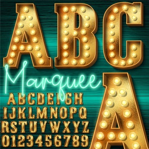 Gold Marquee Letters PNG, Light Bulbs Letters, PNG Letters, 3D Letters, Gold Light Bulbs, Gold Letters, Aqua Neon, Marquee Letters 2MP