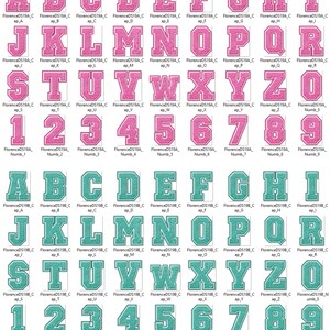 May include: A set of pink and teal blue felt letters and numbers with a white outline. The letters are uppercase and the numbers are in a standard font. The letters and numbers are arranged in alphabetical and numerical order.