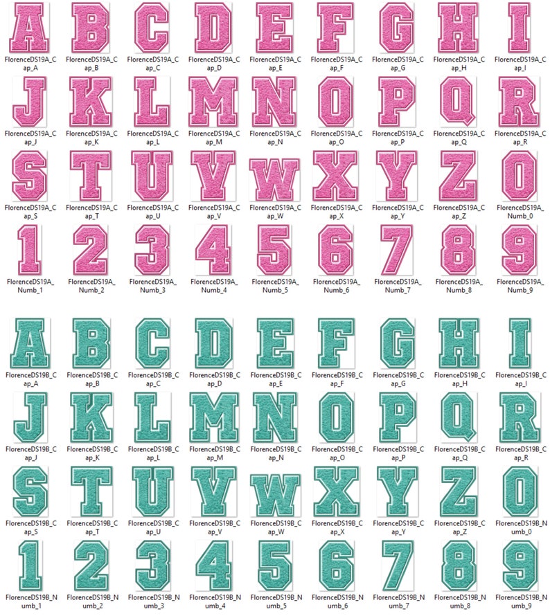 May include: A set of pink and teal blue felt letters and numbers with a white outline. The letters are uppercase and the numbers are in a standard font. The letters and numbers are arranged in alphabetical and numerical order.