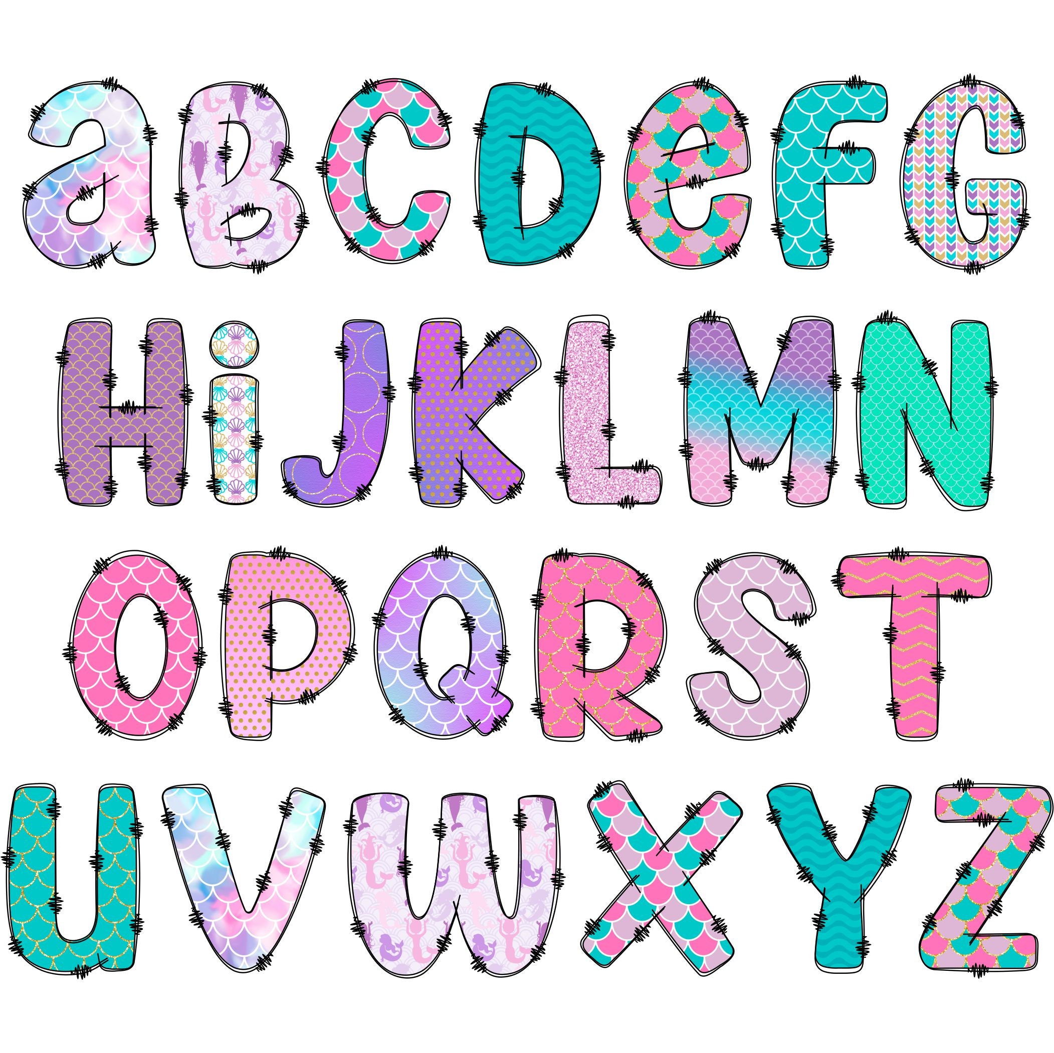 Mermaid Alphabet PNG Doodle Alphabet Clip Art Transparent Etsy