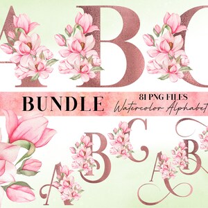 Bundle Watercolor Flowers Alphabet PNG, Rose Gold Letters Alphabet, Transparent PNG, Floral Uppercase Letters, Pink Tulips Alphabet 14WB