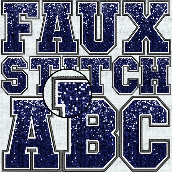 Faux Embroidery Navy Blue Sequin Letters, Faux Sequin Patch, Blue Faux Sequin, Alpha Doodle, College, Stitched Alpha PNG, Faux Stitch, 6FS