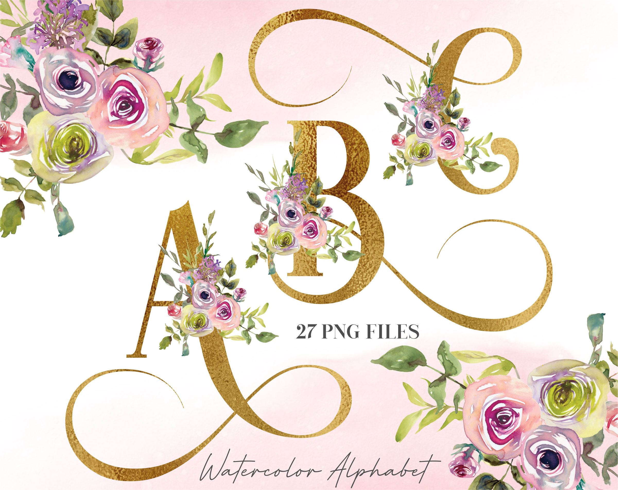 Bundle Watercolor Flowers Alphabet PNG Gold Pink Floral - Etsy