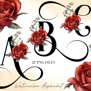 Alfabeto de flores de acuarela PNG, clip art floral de rosas rojas y negras, PNG transparente, letras mayúsculas florales, alfabeto botánico 32W