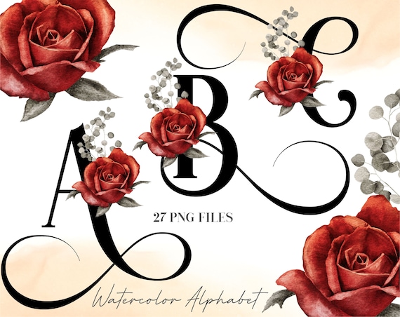 Watercolor Flowers Alphabet PNG, Black Red Rose Floral Alphabet Clip Art, Transparent PNG, Floral Uppercase Letters, Botanical Alphabet 32W