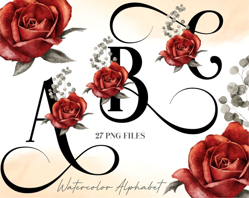 May include: Watercolor alphabet letters A and B with red roses and greenery. 27 PNG files.