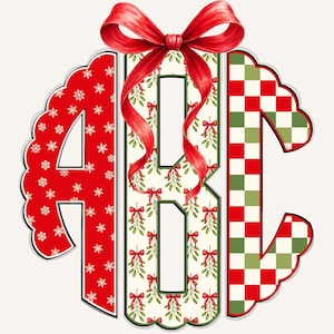 May include: A decorative monogram featuring the letters ABC in a circular arrangement. The letter A is red with white snowflakes, B has a mistletoe pattern, and C is red and green checkered. A red bow adorns the top.