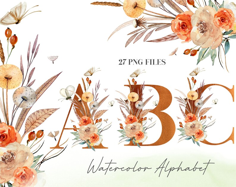Bundle Watercolor Flowers Alphabet PNG Fall Floral Alphabet | Etsy