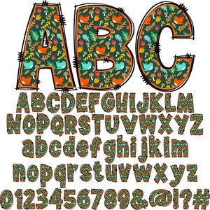 May include: A full alphabet, numbers, and symbols are displayed in a whimsical font. The letters, numbers, and symbols are filled with a pattern of orange foxes, blue birds, mushrooms, and leaves on a dark green background.