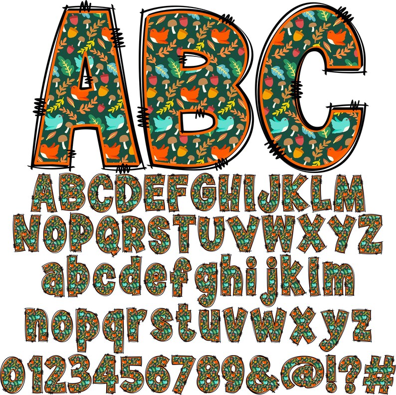 May include: A full alphabet, numbers, and symbols are displayed in a whimsical font. The letters, numbers, and symbols are filled with a pattern of orange foxes, blue birds, mushrooms, and leaves on a dark green background.