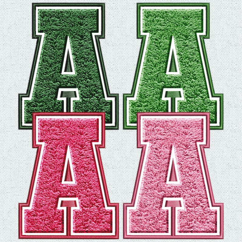 May include: Four felt letter patches in the shape of the letter A. Two patches are green and two patches are pink. The patches have white outlines and are designed to look like varsity letter patches.