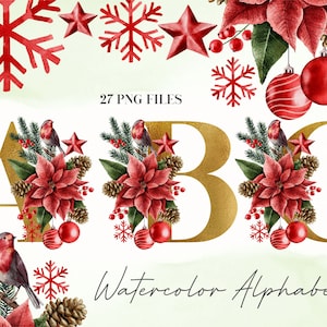 Alfabeto de flores em aquarela de Natal PNG, clipart de alfabeto floral de pássaro vermelho dourado, buquê de Natal, letras douradas, alfabeto maiúsculo 39W
