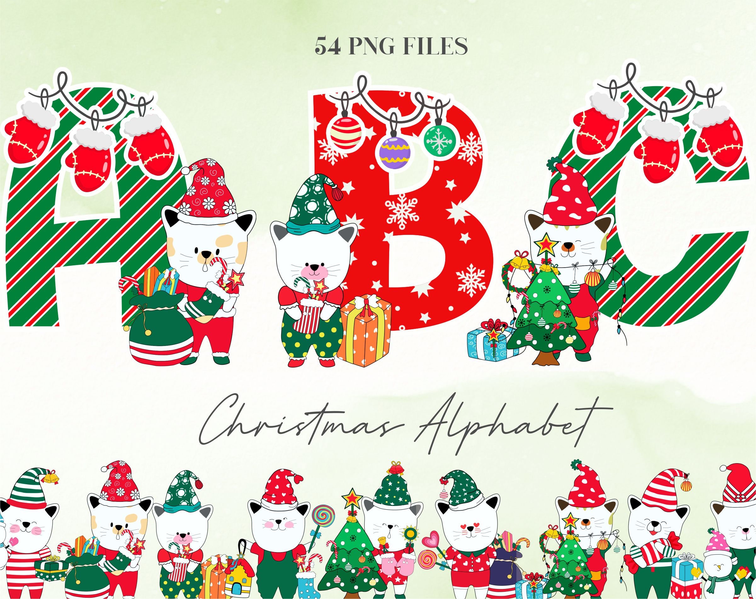 26 PNG Watercolour Green Christmas Alphabet Clipart (Instant