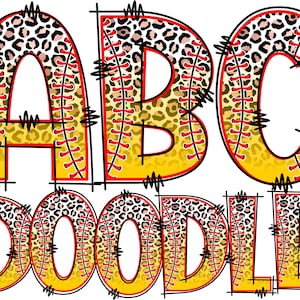 Puede incluir: ABC Doodle con un fondo de estampado de leopardo amarillo y marrón. Las letras están delineadas en rojo y tienen un patrón de puntadas de béisbol.
