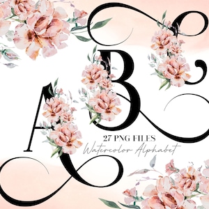 Watercolor Flowers Alphabet PNG, Black Letters Pink Floral Alphabet Clip Art, Transparent PNG, Uppercase Letters, Soft Pink Flowers 21WB
