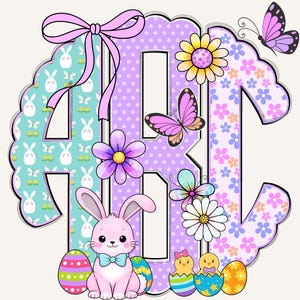May include: A colorful Easter-themed monogram design featuring the letters ABC. The letters are decorated with bunnies, butterflies, flowers, and Easter eggs. A pink bunny with a blue bow tie sits below the letters. The design has a scalloped edge.