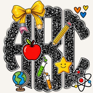 Op de afbeelding: Een kleurrijk ontwerp met een schoolthema met de letters ABC in een notitieboekpapierstijl. Inclusief een gele strik, potloden, een rode appel, een wereldbol, reageerbuizen, een ster, harten en een atoom symbool.