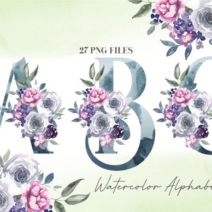 Watercolor Flowers Letters PNG, Blue Gray Pink Floral Alphabet Clip Art, Transparent PNG, Flower Alphabet, Botanical Uppercase Alphabet 4WB