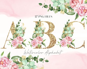 Watercolor Flowers Alphabet PNG, Gold Soft Pink Floral, Transparent PNG, Floral Gold Glitter Uppercase Letters, Botanical Alphabet 10W