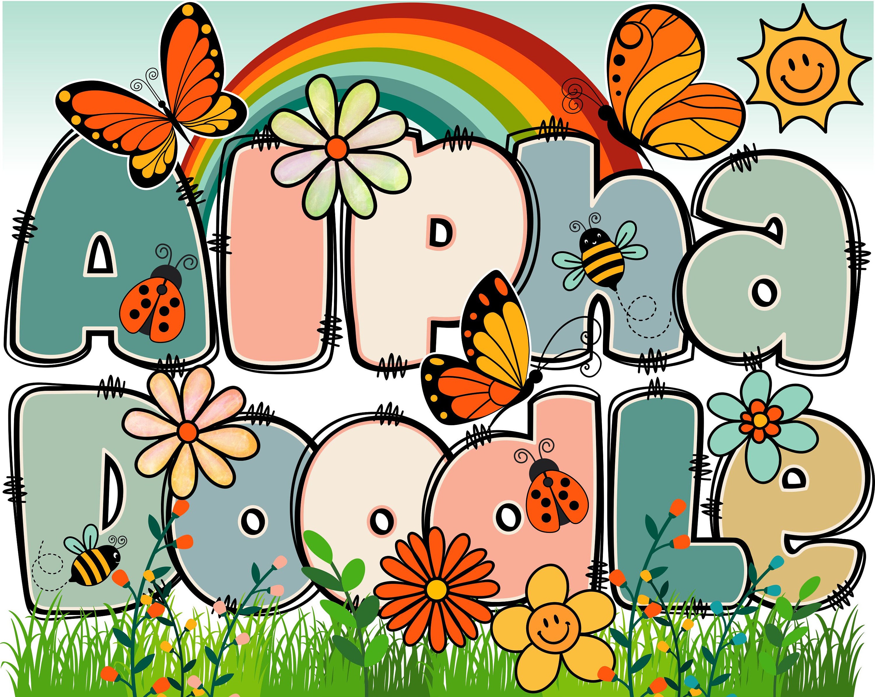 BUNDLE Retro Boho Floral Alphabet PNG, Chubby Alpha Doodle , Retro ...