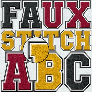 Op de afbeelding: Faux-steekletters in zwart, rood en geel met witte contouren. De letters spellen "FAUX STITCH ABC" uit.