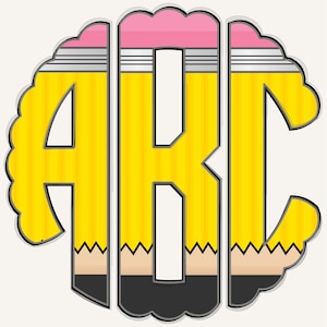 May include: A whimsical design featuring the letters "ABC" crafted to resemble pencils. The letters are yellow with a wood grain texture, topped with pink erasers and silver bands. The outline is a scalloped edge in yellow.