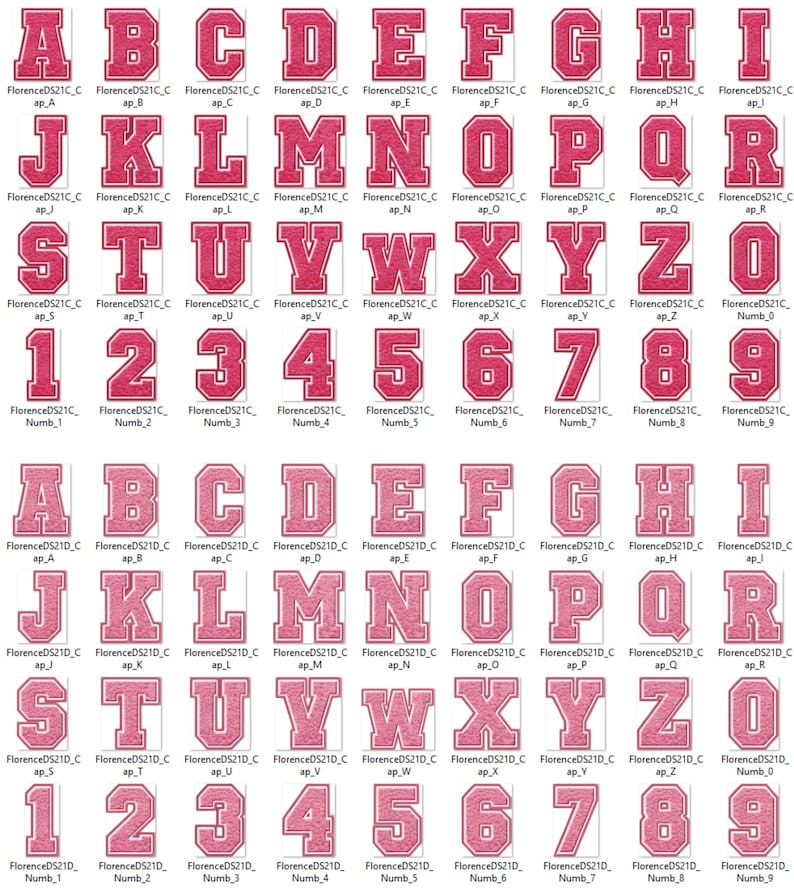May include: A set of pink felt letters and numbers in a varsity style font. The letters and numbers are outlined in white and have a textured surface.