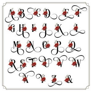 May include: A black and white alphabet with red and white floral accents. Each letter is stylized with a flourish and a small floral arrangement.