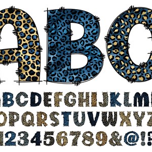 Leopard Print Alphabet PNG, Doodle Clip Art, Transparent PNG, Doodle Letters Leopard Print, Gold Blue Animal Print Sublimation 11B