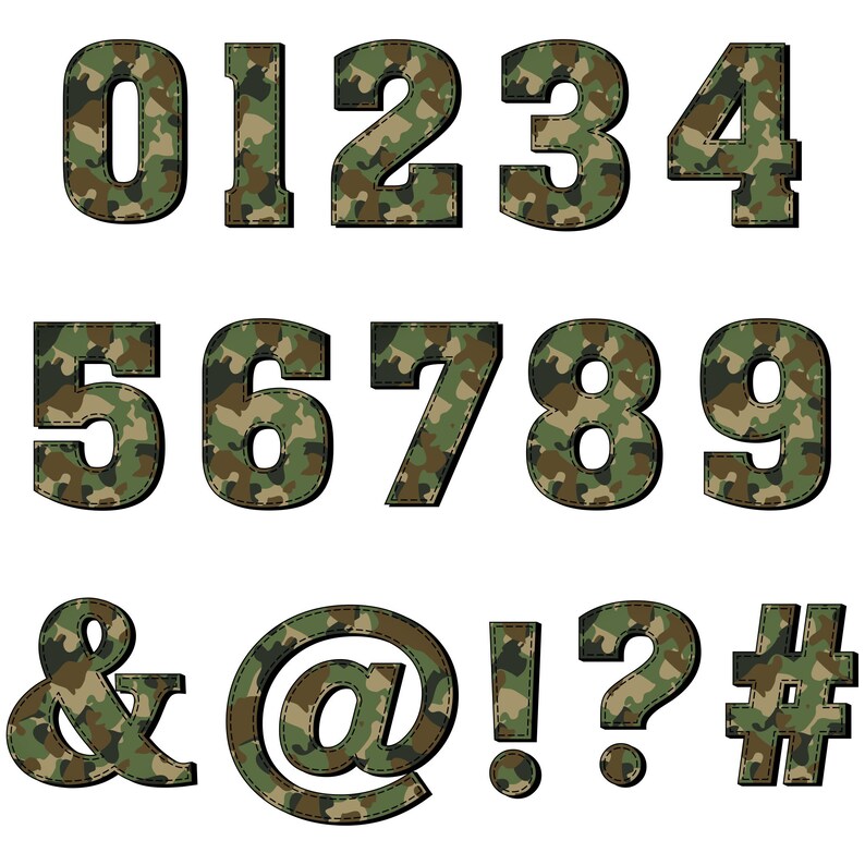 Peut inclure: Nombres de 0 &agrave; 9 et symboles esperluette, arobase, point d'exclamation, point d'interrogation et di&egrave;se en motif camouflage. Les nombres et les symboles sont soulign&eacute;s en noir et ont un aspect cousu.