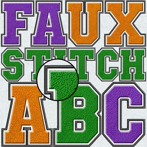 Op de afbeelding: Faux-steekletters in groen, oranje en paars met een witte omtrek. De letters spellen "FAUX STITCH ABC" uit.