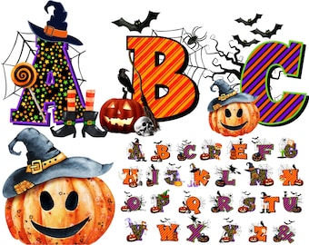 May include: Halloween alphabet letters with orange and purple stripes, a witch's hat, and a jack-o'-lantern. The letters are decorated with spiderwebs and bats.