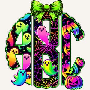 May include: A Halloween-themed design featuring the letters ABC, each decorated with colorful ghosts and jack-o'-lanterns. The letters are outlined in green, with a black background filled with spiderwebs. A large green bow sits atop the design.