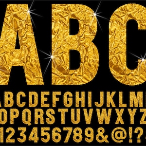 PNG-bladgoudletters, glinsterende illustraties, letters alfabetnummers, instant downloadbestanden, bladgoud alfabet, bladglitter 1 GB