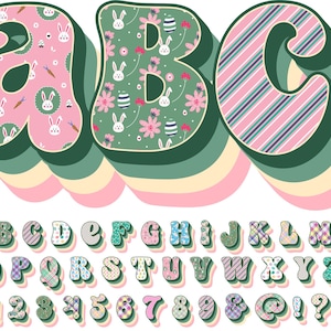 Retro Ostern Alphabet PNG, Alphabet Clip Art, PNG, Retro Doodle, Retro Drop Shadowed, Doodle Letters PNG, Osterbuchstaben, Sublimation 3ES