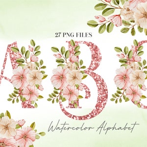 Alfabeto de flores em aquarela PNG, clipart de alfabeto floral rosa dourado, letras de flores, letras maiúsculas brilhantes, alfabeto botânico rosa 8WB